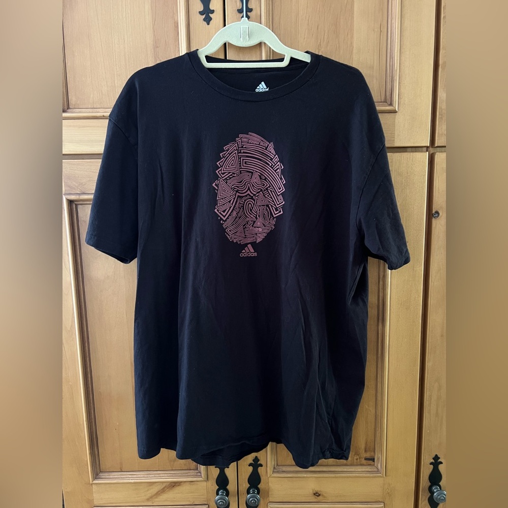 Adidas XL 100% Cotton Black Mauve Abstract Fingerpaint Short Sleeve T-shirt